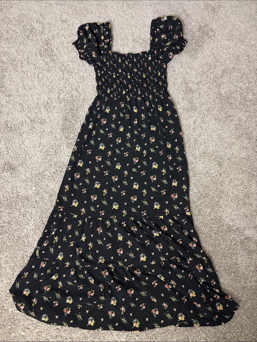 Forever 21 Black Floral Long Dress with Pink and Yellow Blossoms